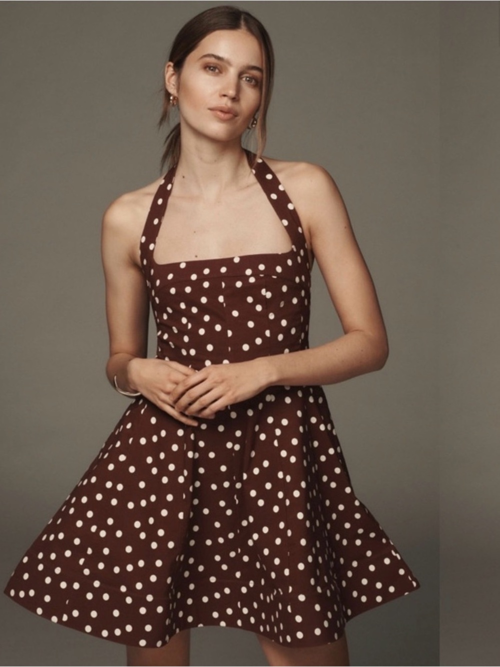 Anthropologie Maeve Halter Square-Neck Skater Mini Dress Maroon Brown Motif S